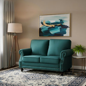 English Elm Traditional Velvet Loveseat with Nailhead Trim Turned Wood Legs Parlor Seating Green B2735S00113