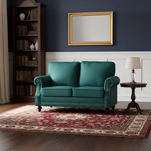 English Elm Traditional Velvet Loveseat with Nailhead Trim Turned Wood Legs Parlor Seating Green B2735S00113
