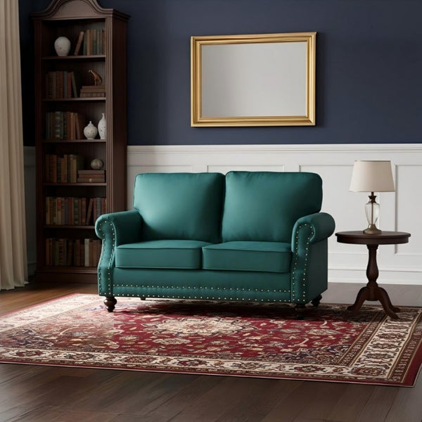English Elm Traditional Velvet Loveseat with Nailhead Trim Turned Wood Legs Parlor Seating Green B2735S00113