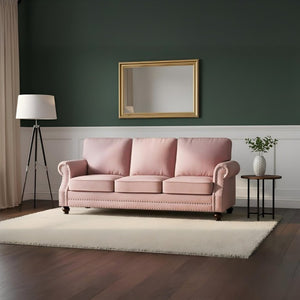 English Elm 3-Seater Velvet Sofa with Nailhead Trim and Turned Wood Legs for Formal Living Rooms Rose B2735S00114