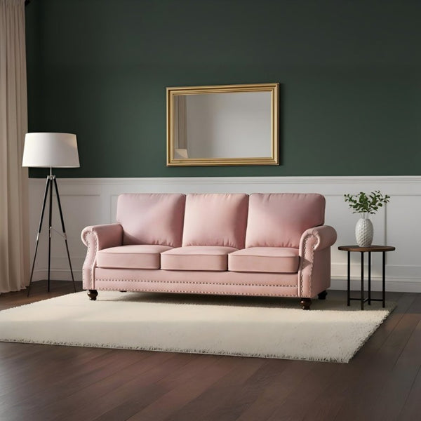 English Elm 3-Seater Velvet Sofa with Nailhead Trim and Turned Wood Legs for Formal Living Rooms Rose B2735S00114