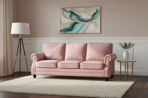 English Elm 3-Seater Velvet Sofa with Nailhead Trim and Turned Wood Legs for Formal Living Rooms Rose B2735S00114