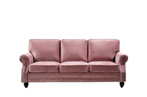 English Elm 3-Seater Velvet Sofa with Nailhead Trim and Turned Wood Legs for Formal Living Rooms Rose B2735S00114