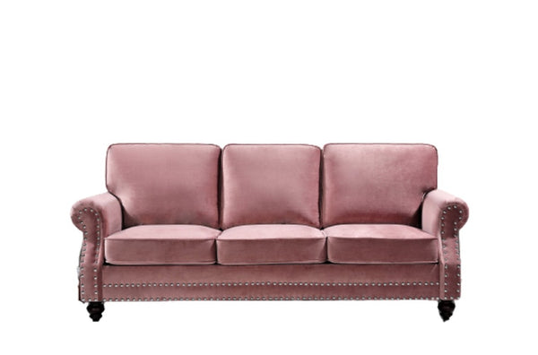 English Elm 3-Seater Velvet Sofa with Nailhead Trim and Turned Wood Legs for Formal Living Rooms Rose B2735S00114