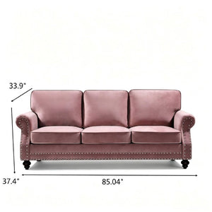 English Elm 3-Seater Velvet Sofa with Nailhead Trim and Turned Wood Legs for Formal Living Rooms Rose B2735S00114