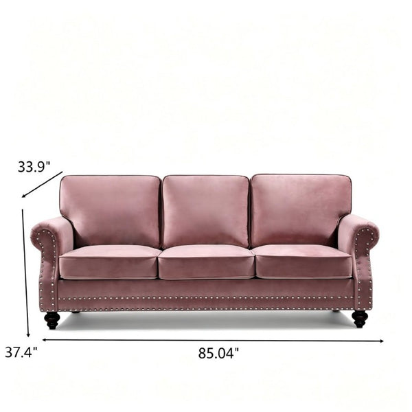 English Elm 3-Seater Velvet Sofa with Nailhead Trim and Turned Wood Legs for Formal Living Rooms Rose B2735S00114