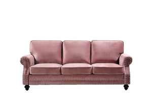 English Elm 3-Seater Velvet Sofa with Nailhead Trim and Turned Wood Legs for Formal Living Rooms Rose B2735S00114