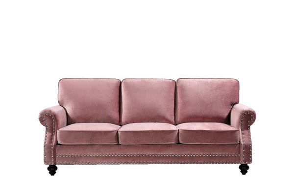English Elm 3-Seater Velvet Sofa with Nailhead Trim and Turned Wood Legs for Formal Living Rooms Rose B2735S00114