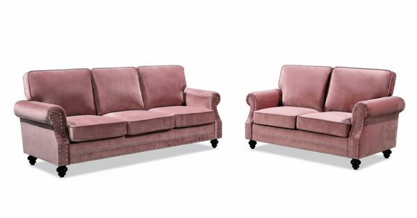 English Elm 3-Seater Velvet Sofa with Nailhead Trim and Turned Wood Legs for Formal Living Rooms Rose B2735S00114