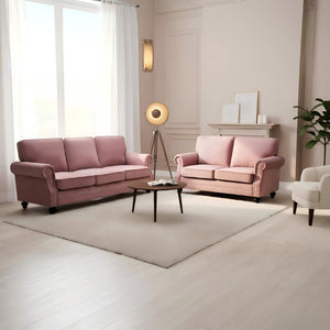 English Elm 3-Seater Velvet Sofa with Nailhead Trim and Turned Wood Legs for Formal Living Rooms Rose B2735S00114