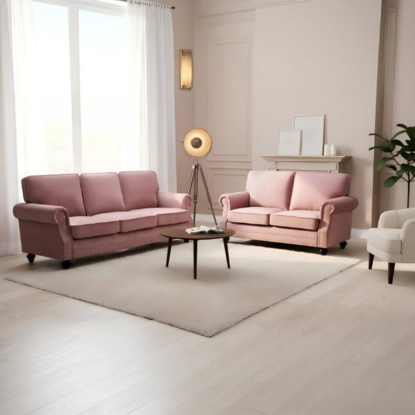 English Elm 3-Seater Velvet Sofa with Nailhead Trim and Turned Wood Legs for Formal Living Rooms Rose B2735S00114