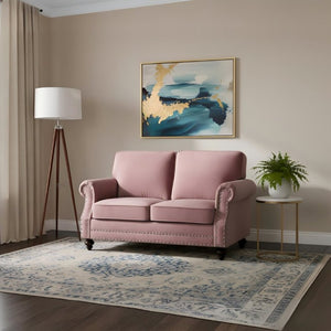 English Elm Traditional Velvet Loveseat with Nailhead Trim Turned Wood Legs Parlor Seating Rose B2735S00115