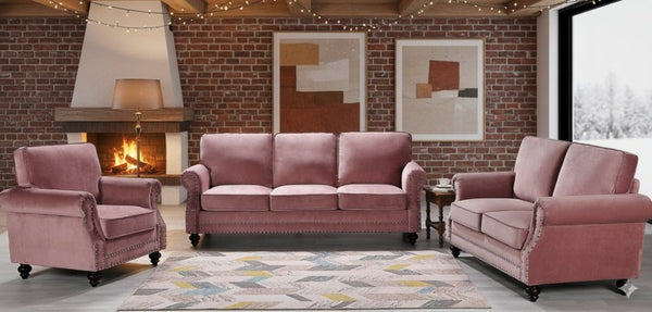 English Elm Traditional Velvet Loveseat with Nailhead Trim Turned Wood Legs Parlor Seating Rose B2735S00115