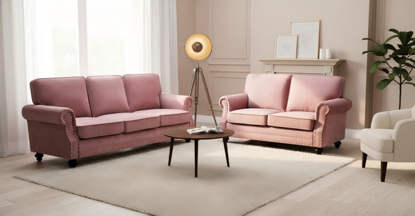 English Elm Traditional Velvet Loveseat with Nailhead Trim Turned Wood Legs Parlor Seating Rose B2735S00115