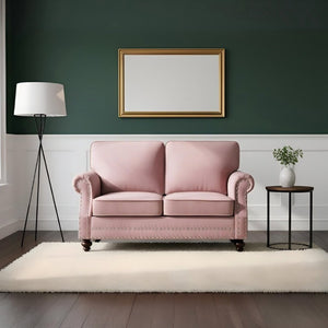 English Elm Traditional Velvet Loveseat with Nailhead Trim Turned Wood Legs Parlor Seating Rose B2735S00115
