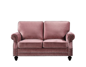 English Elm Traditional Velvet Loveseat with Nailhead Trim Turned Wood Legs Parlor Seating Rose B2735S00115