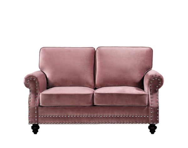 English Elm Traditional Velvet Loveseat with Nailhead Trim Turned Wood Legs Parlor Seating Rose B2735S00115