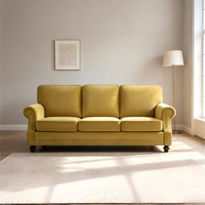 English Elm 3-Seater Velvet Sofa with Nailhead Trim and Turned Wood Legs for Formal Living Rooms Yellow B2735S00116