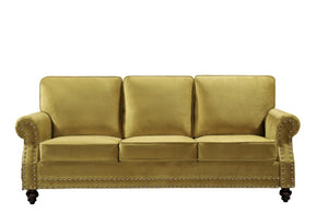 English Elm 3-Seater Velvet Sofa with Nailhead Trim and Turned Wood Legs for Formal Living Rooms Yellow B2735S00116