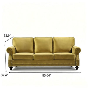 English Elm 3-Seater Velvet Sofa with Nailhead Trim and Turned Wood Legs for Formal Living Rooms Yellow B2735S00116