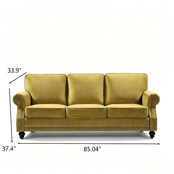 English Elm 3-Seater Velvet Sofa with Nailhead Trim and Turned Wood Legs for Formal Living Rooms Yellow B2735S00116