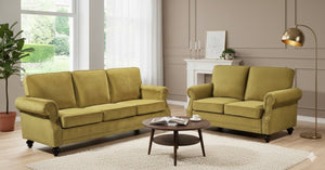 English Elm 3-Seater Velvet Sofa with Nailhead Trim and Turned Wood Legs for Formal Living Rooms Yellow B2735S00116