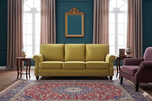 English Elm 3-Seater Velvet Sofa with Nailhead Trim and Turned Wood Legs for Formal Living Rooms Yellow B2735S00116