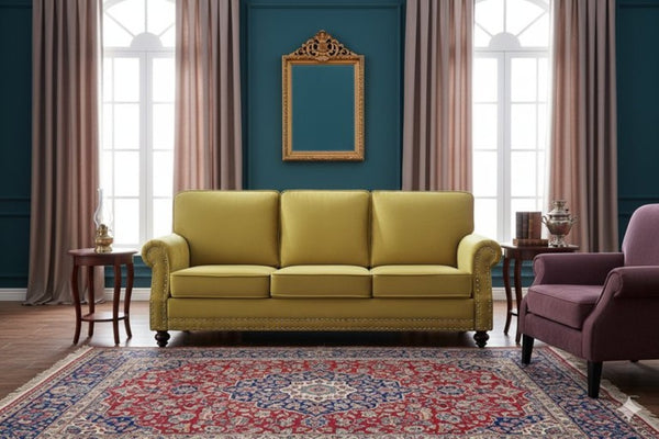 English Elm 3-Seater Velvet Sofa with Nailhead Trim and Turned Wood Legs for Formal Living Rooms Yellow B2735S00116