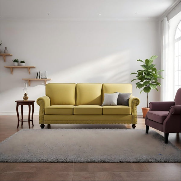 English Elm 3-Seater Velvet Sofa with Nailhead Trim and Turned Wood Legs for Formal Living Rooms Yellow B2735S00116