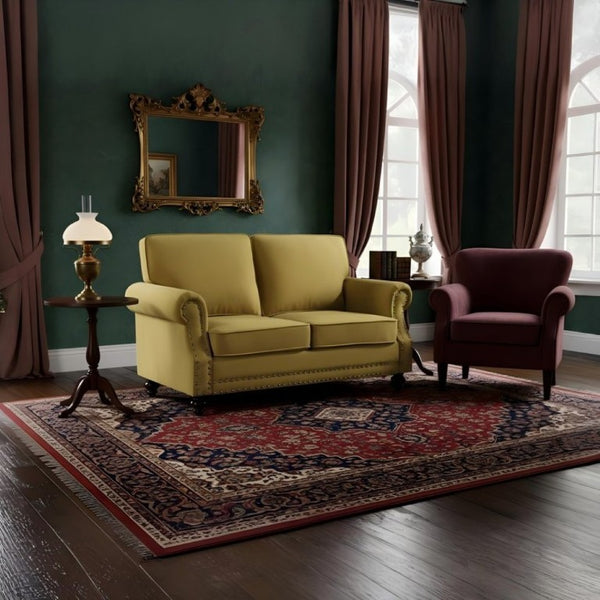 English Elm Traditional Velvet Loveseat with Nailhead Trim Turned Wood Legs Parlor Seating Yellow B2735S00117