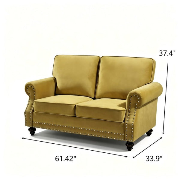 English Elm Traditional Velvet Loveseat with Nailhead Trim Turned Wood Legs Parlor Seating Yellow B2735S00117