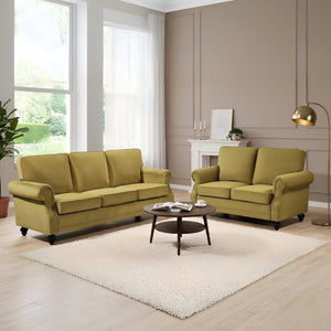 English Elm Traditional Velvet Loveseat with Nailhead Trim Turned Wood Legs Parlor Seating Yellow B2735S00117