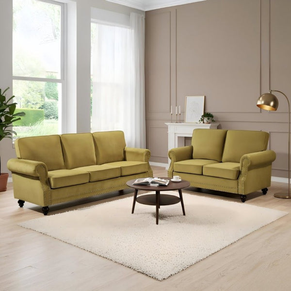 English Elm Traditional Velvet Loveseat with Nailhead Trim Turned Wood Legs Parlor Seating Yellow B2735S00117