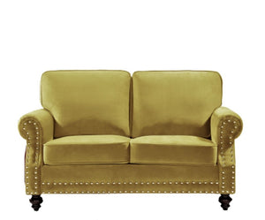 English Elm Traditional Velvet Loveseat with Nailhead Trim Turned Wood Legs Parlor Seating Yellow B2735S00117