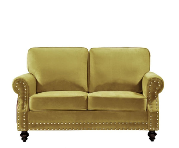 English Elm Traditional Velvet Loveseat with Nailhead Trim Turned Wood Legs Parlor Seating Yellow B2735S00117