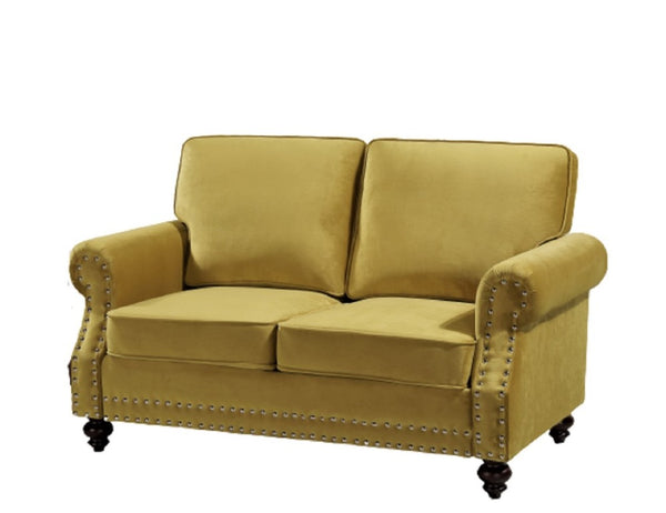 English Elm Traditional Velvet Loveseat with Nailhead Trim Turned Wood Legs Parlor Seating Yellow B2735S00117