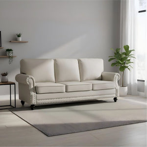English Elm 3-Seater Velvet Sofa with Nailhead Trim and Turned Wood Legs for Formal Living Rooms Beige B2735S00118