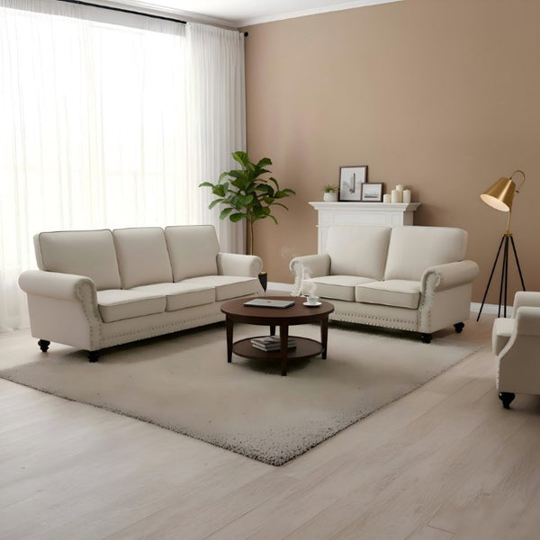 English Elm 3-Seater Velvet Sofa with Nailhead Trim and Turned Wood Legs for Formal Living Rooms Beige B2735S00118