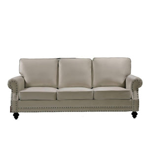 English Elm 3-Seater Velvet Sofa with Nailhead Trim and Turned Wood Legs for Formal Living Rooms Beige B2735S00118
