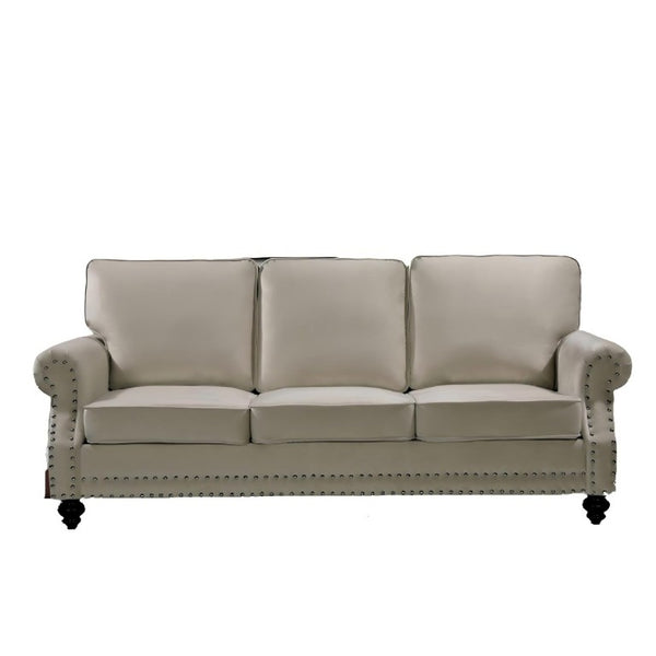 English Elm 3-Seater Velvet Sofa with Nailhead Trim and Turned Wood Legs for Formal Living Rooms Beige B2735S00118