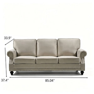 English Elm 3-Seater Velvet Sofa with Nailhead Trim and Turned Wood Legs for Formal Living Rooms Beige B2735S00118