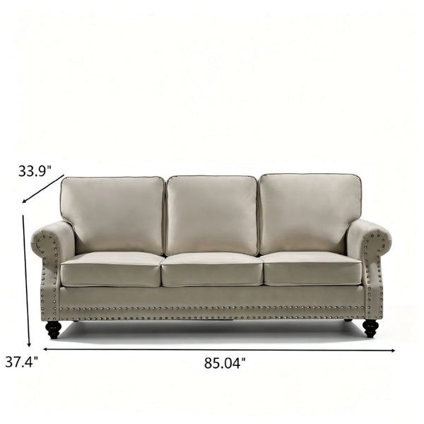 English Elm 3-Seater Velvet Sofa with Nailhead Trim and Turned Wood Legs for Formal Living Rooms Beige B2735S00118