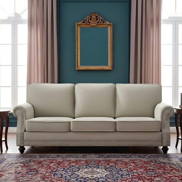 English Elm 3-Seater Velvet Sofa with Nailhead Trim and Turned Wood Legs for Formal Living Rooms Beige B2735S00118