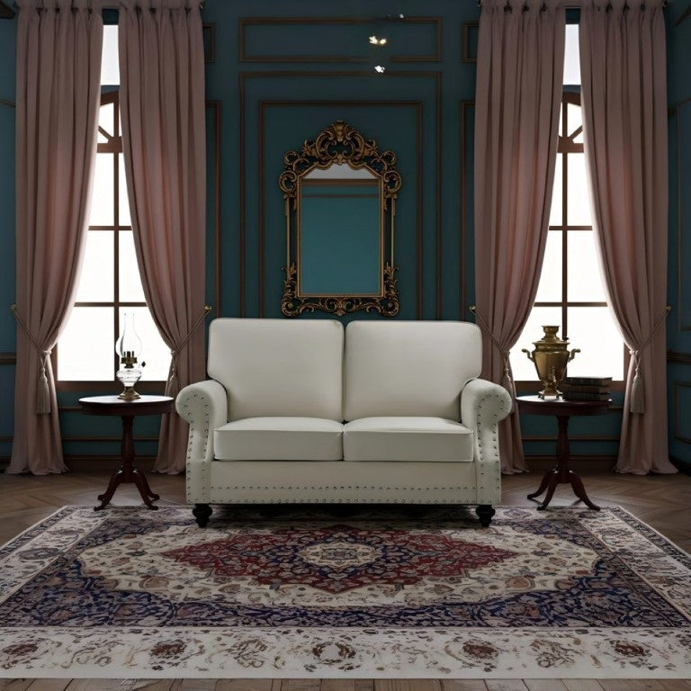 English Elm Traditional Velvet Loveseat with Nailhead Trim Turned Wood Legs Parlor Seating Beige B2735S00119