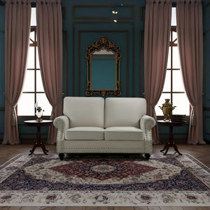 English Elm Traditional Velvet Loveseat with Nailhead Trim Turned Wood Legs Parlor Seating Beige B2735S00119