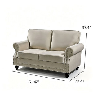 English Elm Traditional Velvet Loveseat with Nailhead Trim Turned Wood Legs Parlor Seating Beige B2735S00119