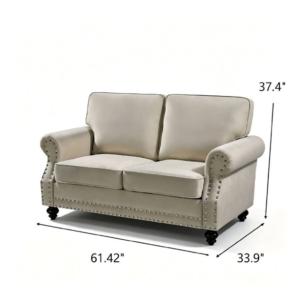 English Elm Traditional Velvet Loveseat with Nailhead Trim Turned Wood Legs Parlor Seating Beige B2735S00119