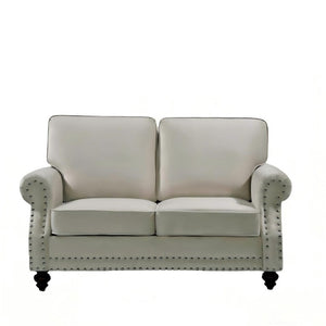 English Elm Traditional Velvet Loveseat with Nailhead Trim Turned Wood Legs Parlor Seating Beige B2735S00119