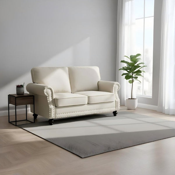 English Elm Traditional Velvet Loveseat with Nailhead Trim Turned Wood Legs Parlor Seating Beige B2735S00119