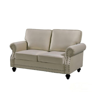 English Elm Traditional Velvet Loveseat with Nailhead Trim Turned Wood Legs Parlor Seating Beige B2735S00119